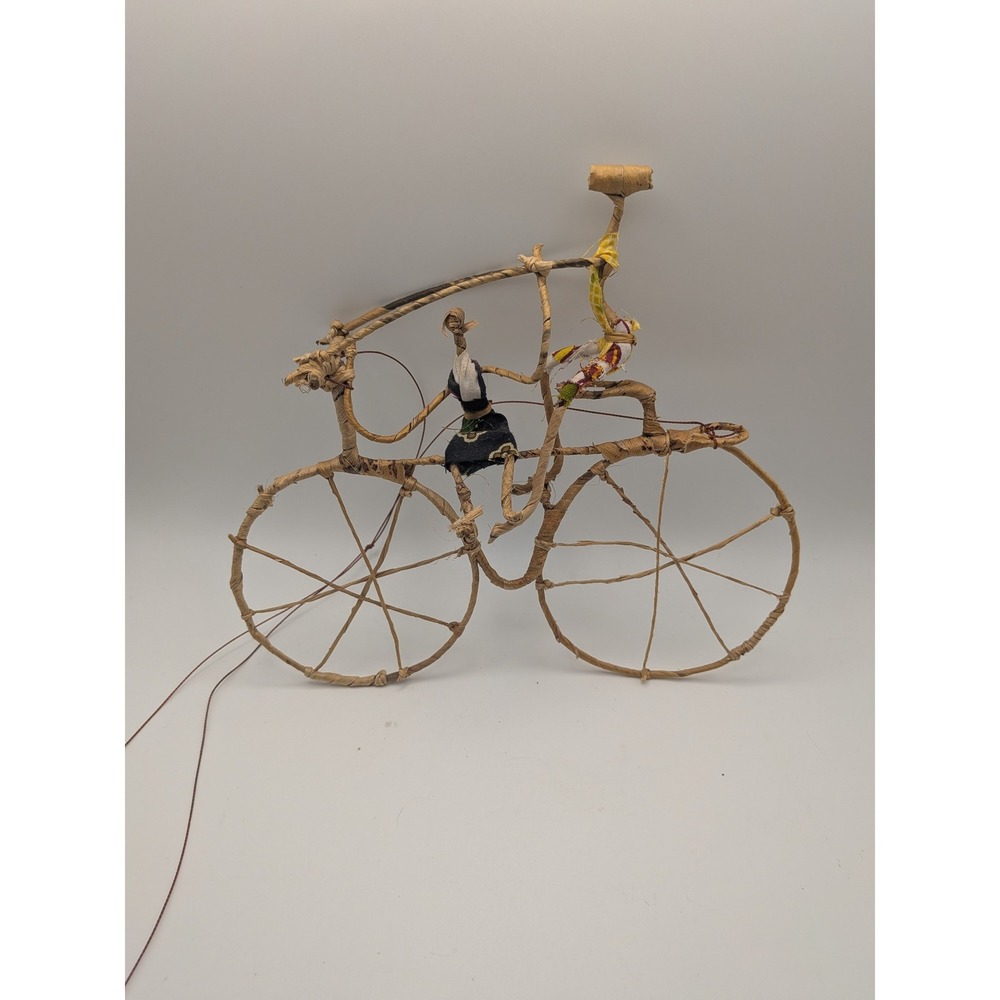 Handcrafted Mozambique Folk Art Natural Fiber Bicycle Sculpture Cyclist Mobile